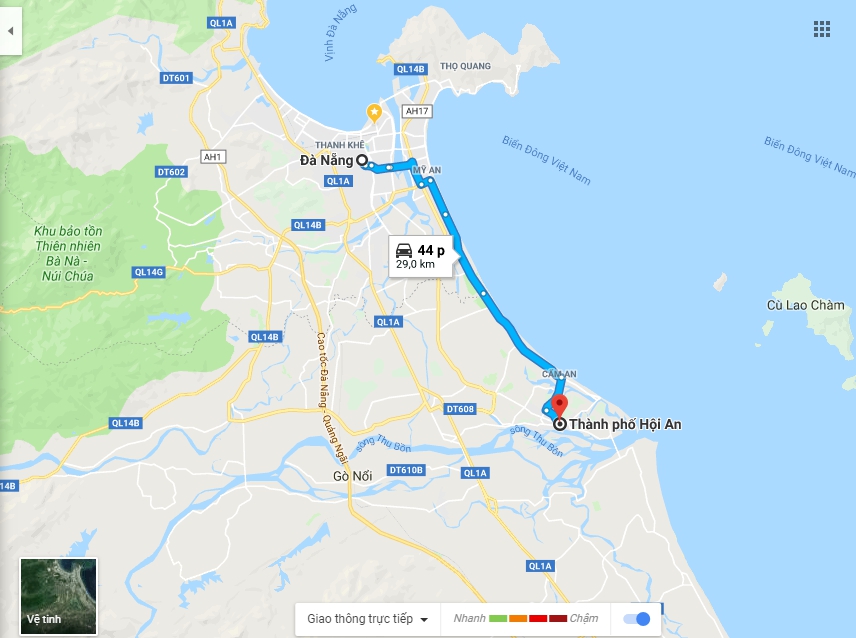 Bản đồ từ Đà Nẵng đi Hội An bằng xe ô tô